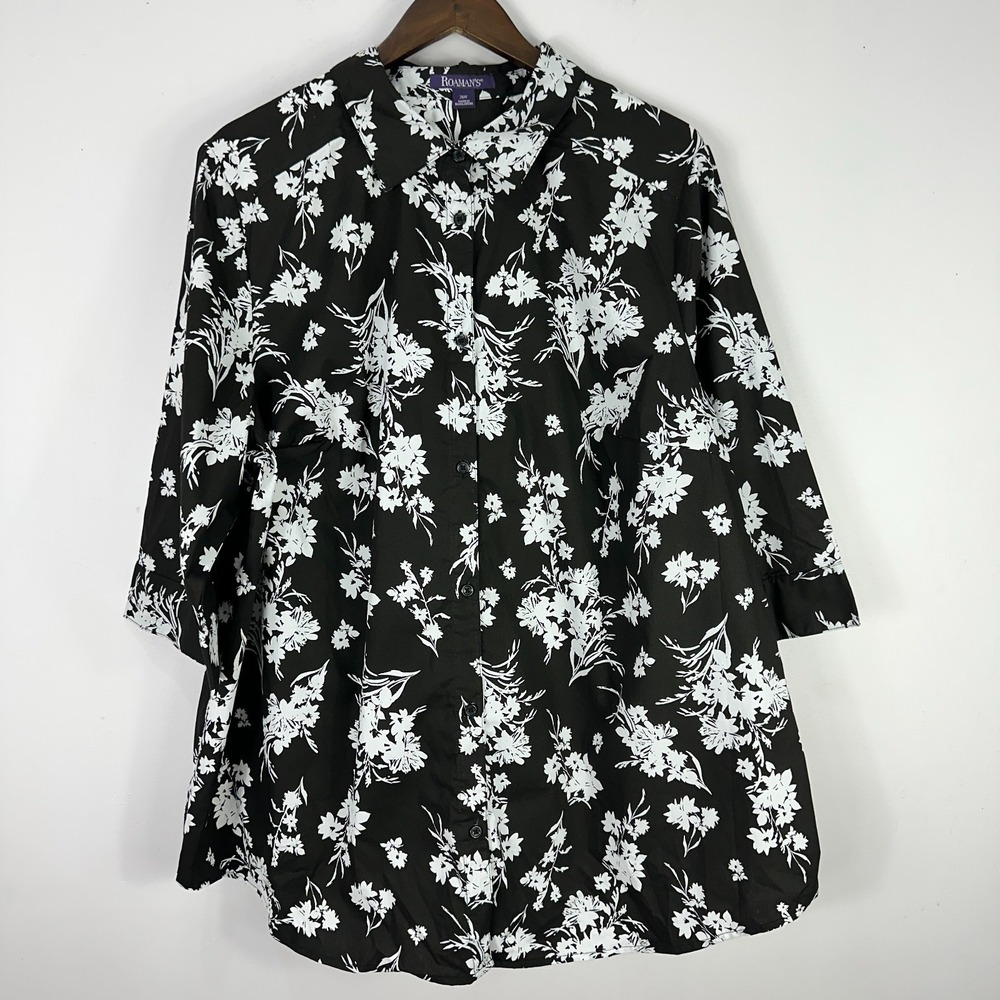 Roaman's Button Down Tunic Womens‎ 26W Black Floral 3/4 Sleeve Blouse Top